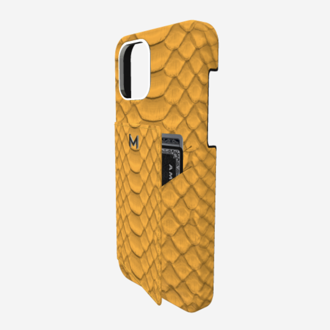 Cardholder Case for iPhone 13 Pro Max in Genuine Python Sunny Yellow Steel 316 