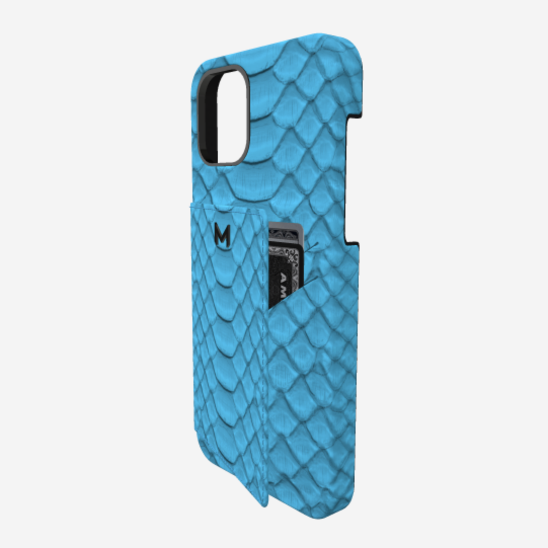 Cardholder Case for iPhone 13 Pro Max in Genuine Python Tropical Blue Black Plating 