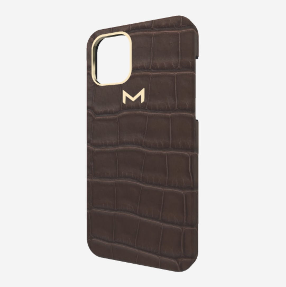 Classic Case for iPhone 12 Pro in Genuine Alligator Borsalino Brown Yellow Gold 