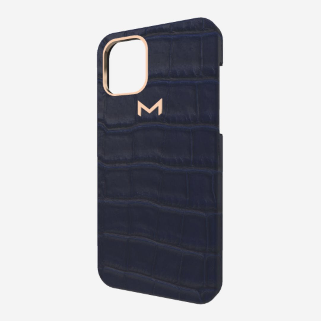 Classic Case for iPhone 12 Pro in Genuine Alligator Navy Blue Rose Gold 