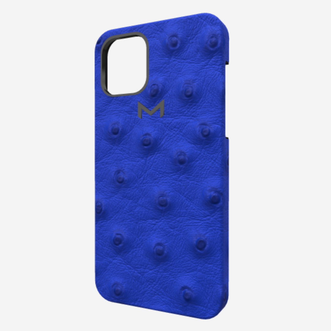 Classic Case for iPhone 12 Pro in Genuine Ostrich Electric Blue Black Plating 