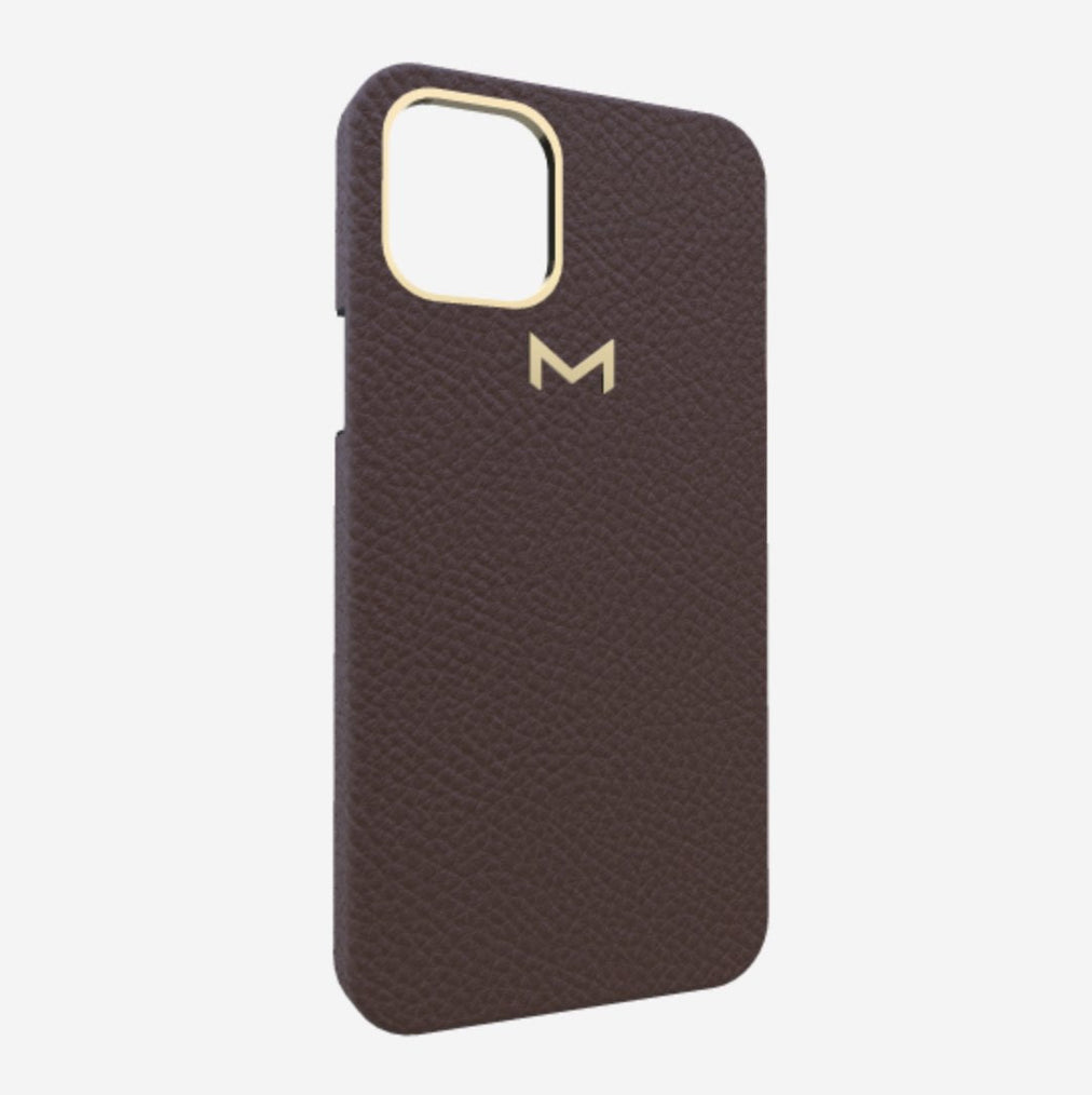 Classic Case for iPhone 12 Pro Max in Genuine Calfskin Borsalino Brown Yellow Gold 