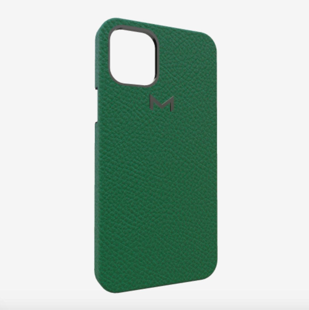 Classic Case for iPhone 12 Pro Max in Genuine Calfskin Emerald Green Black Plating 