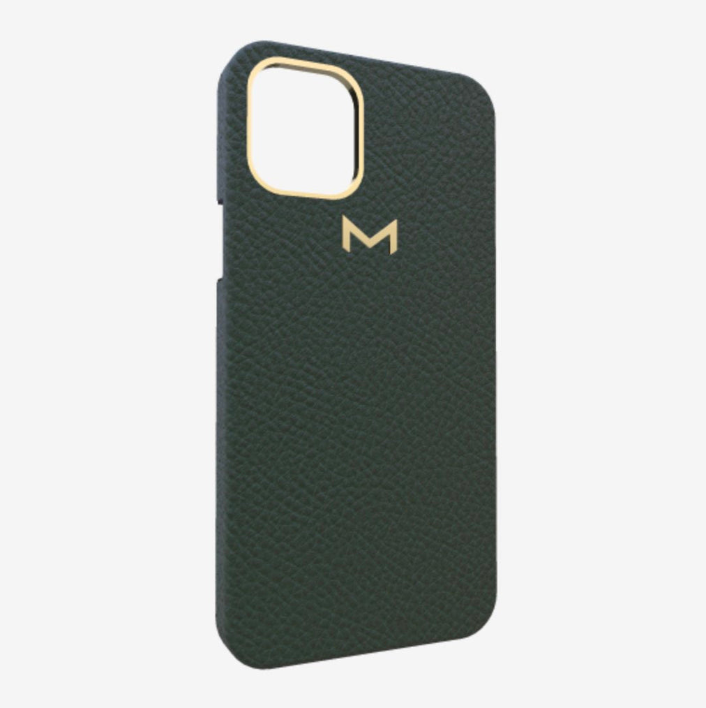 Classic Case for iPhone 12 Pro Max in Genuine Calfskin Jungle Green Yellow Gold 