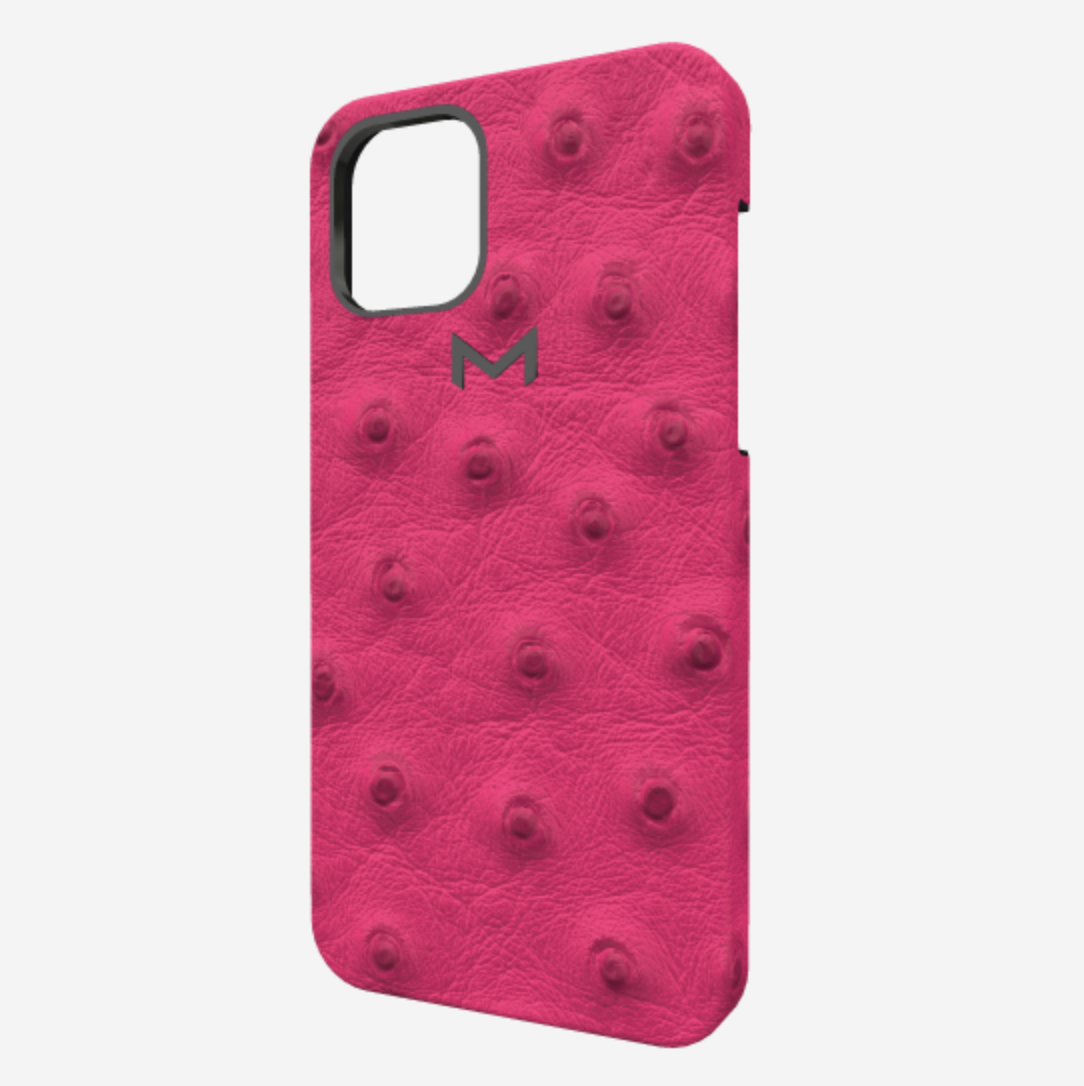 Classic Case for iPhone 12 Pro Max in Genuine Ostrich Fuchsia Party Black Plating 