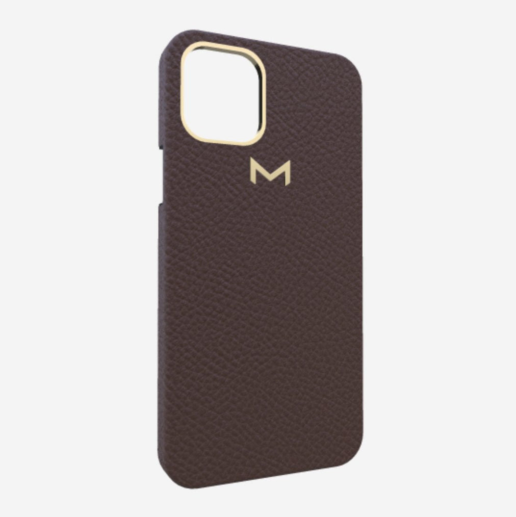 Classic Case for iPhone 13 in Genuine Calfskin Borsalino Brown Yellow Gold 