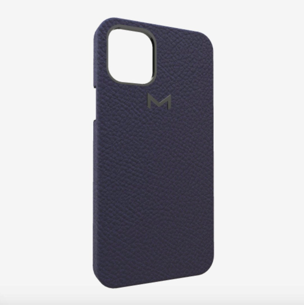 Classic Case for iPhone 13 in Genuine Calfskin Navy Blue Black Plating 