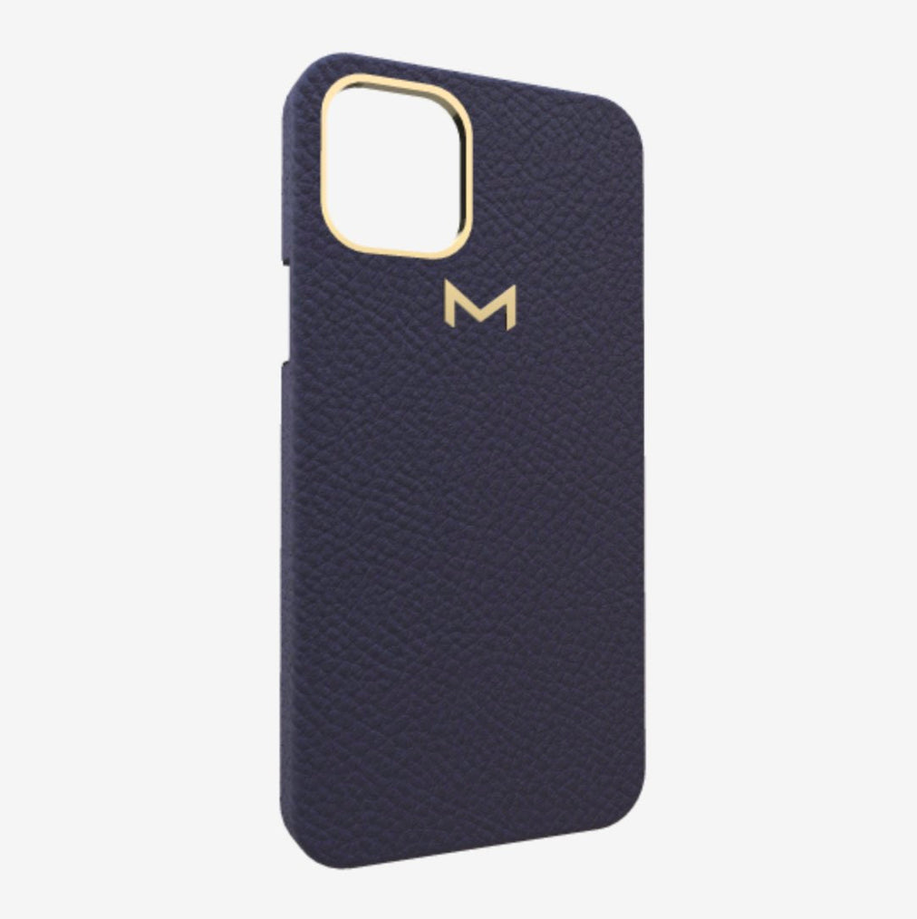 Classic Case for iPhone 13 in Genuine Calfskin Navy Blue Yellow Gold 