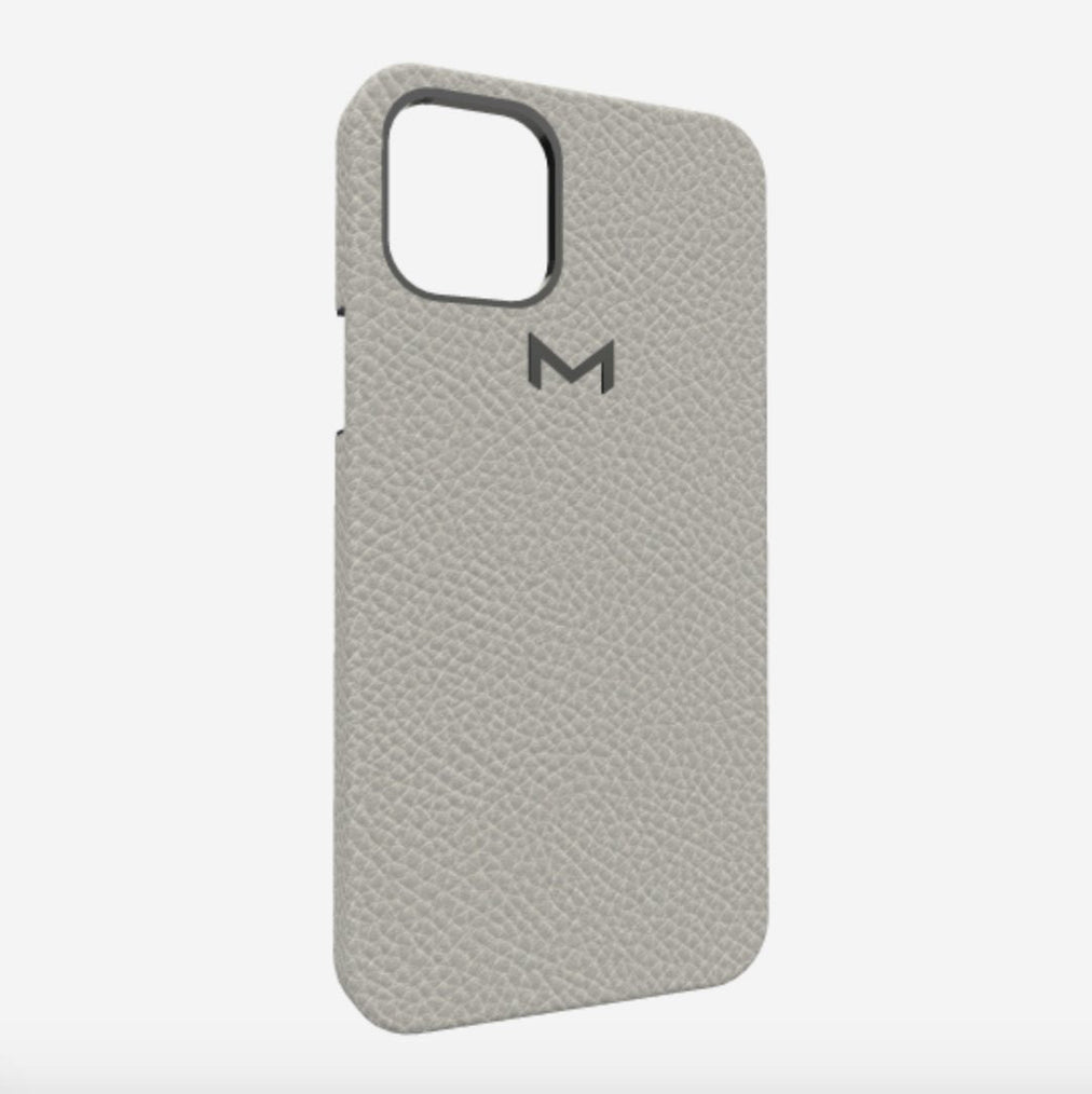 Classic Case for iPhone 13 in Genuine Calfskin Pearl Grey Black Plating 