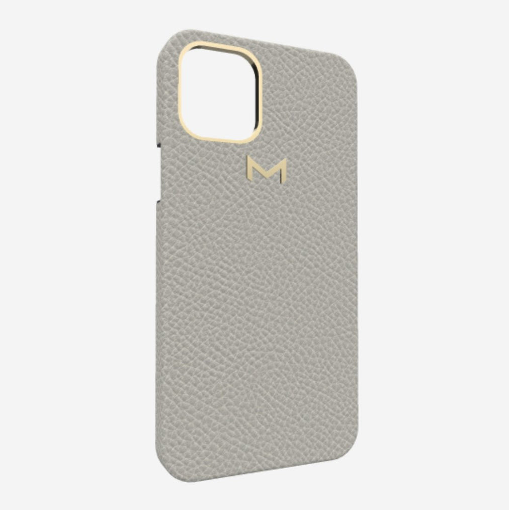 Classic Case for iPhone 13 in Genuine Calfskin Pearl Grey Yellow Gold 