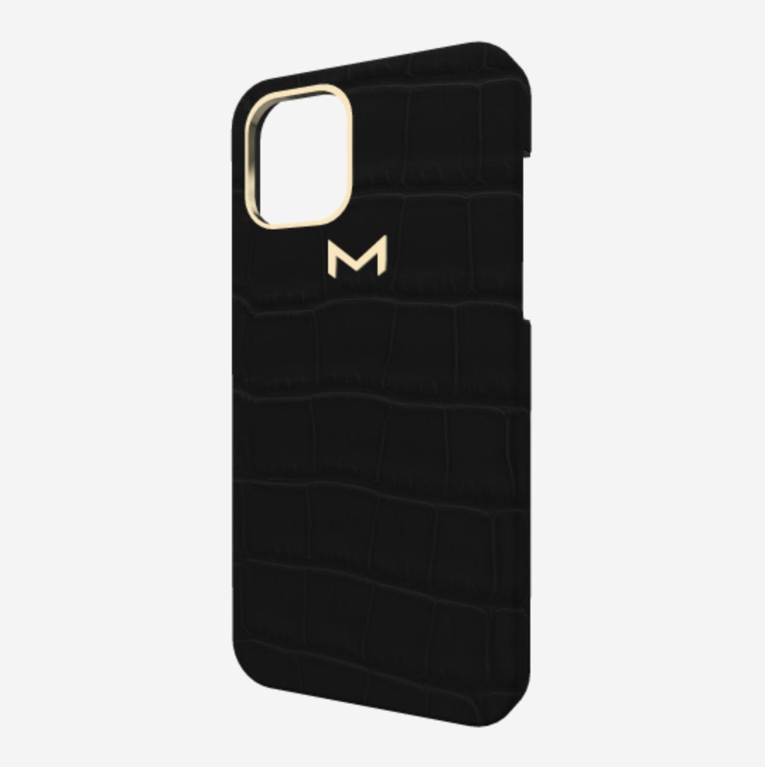 Classic Case for iPhone 13 Pro in Genuine Alligator Carbon Black Yellow Gold 