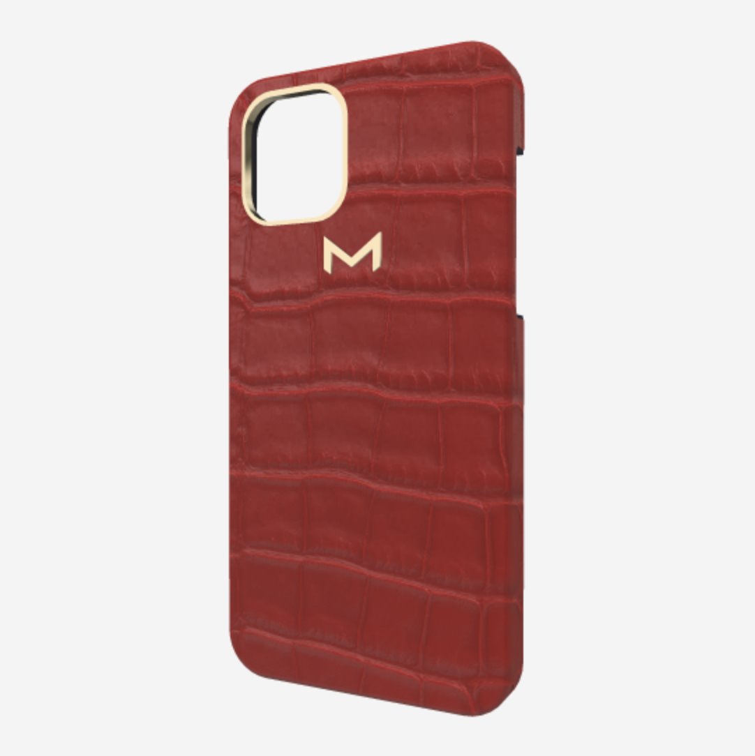 Classic Case for iPhone 13 Pro in Genuine Alligator Coral Red Yellow Gold 