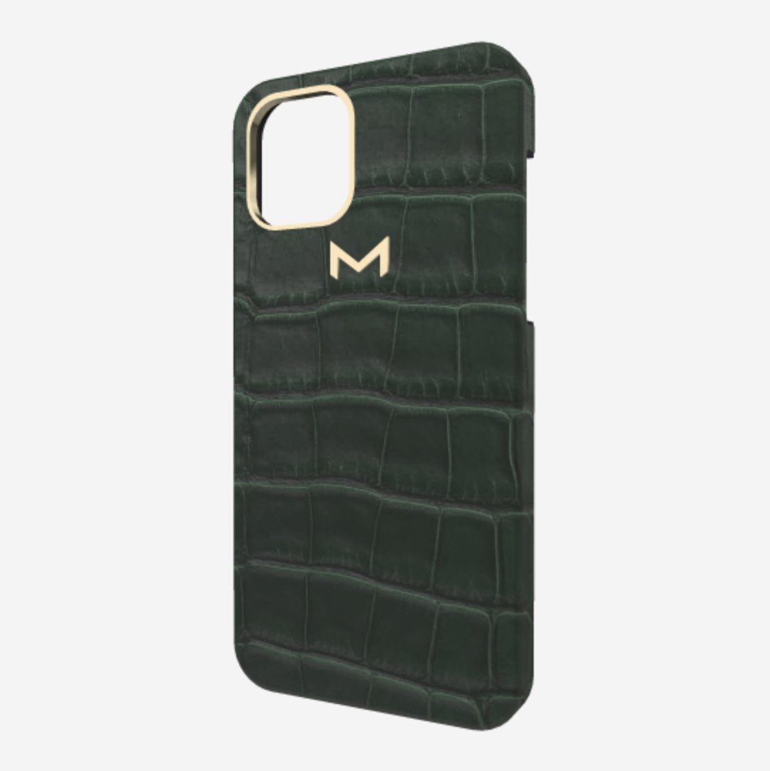 Classic Case for iPhone 13 Pro in Genuine Alligator Jungle Green Yellow Gold 