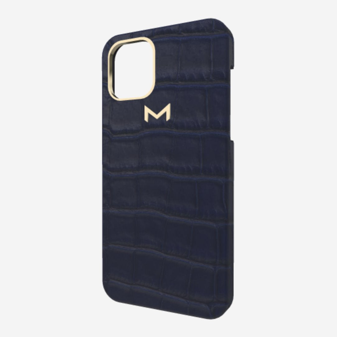 Classic Case for iPhone 13 Pro in Genuine Alligator Navy Blue Yellow Gold 