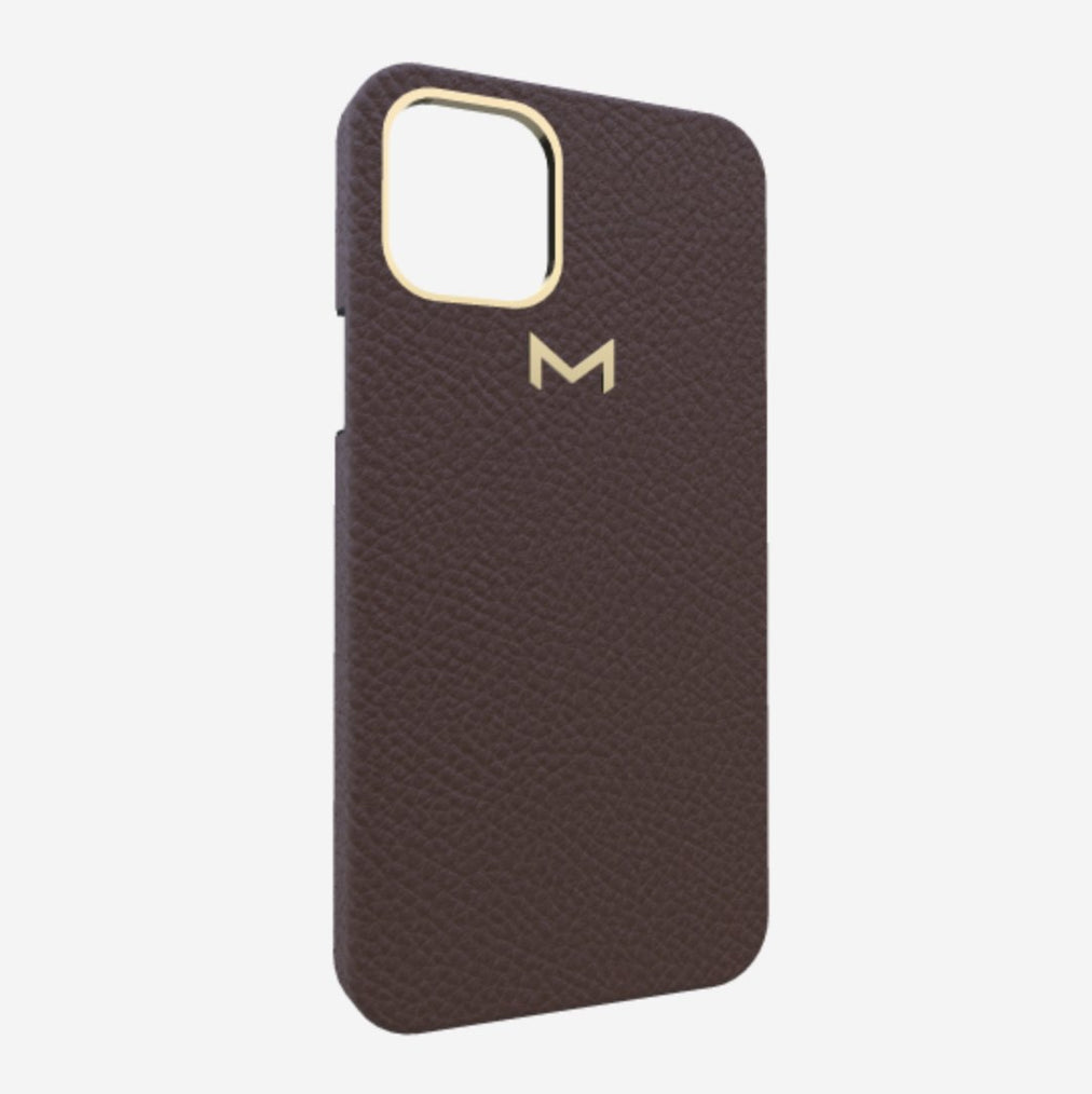 Classic Case for iPhone 13 Pro in Genuine Calfskin Borsalino Brown Yellow Gold 