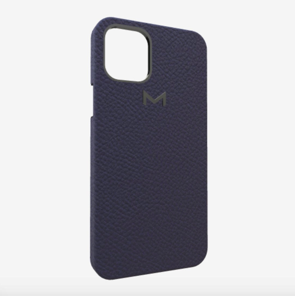 Classic Case for iPhone 13 Pro in Genuine Calfskin Navy Blue Black Plating 