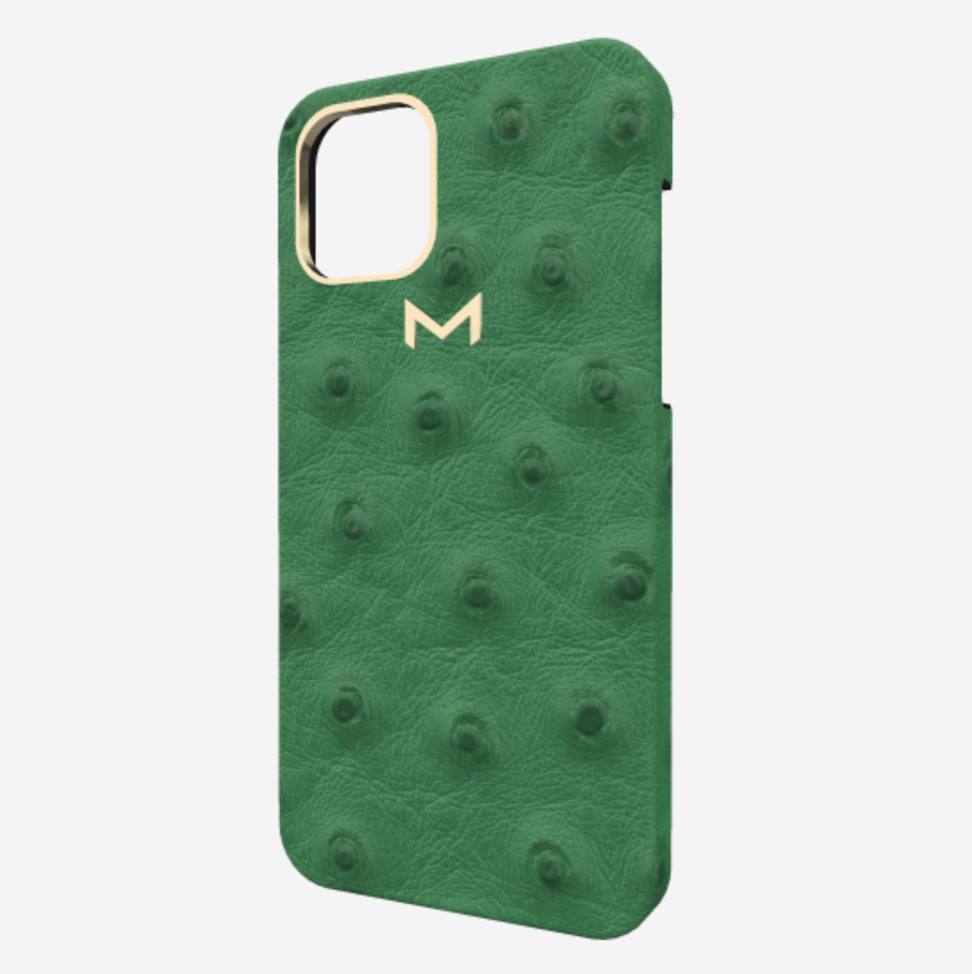 Classic Case for iPhone 13 Pro in Genuine Ostrich Emerald Green Yellow Gold 