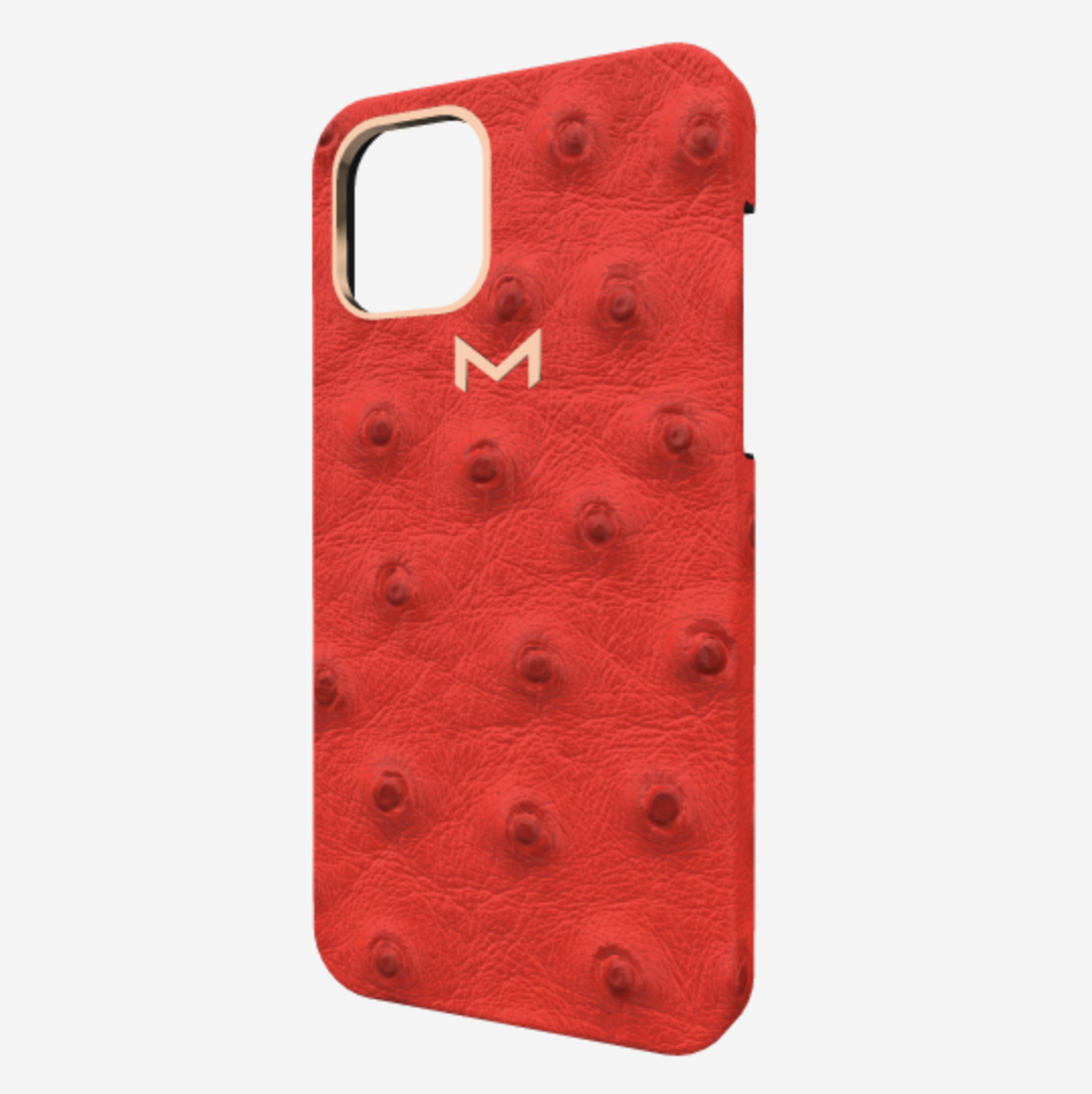 Classic Case for iPhone 13 Pro in Genuine Ostrich Glamour Red Rose Gold 