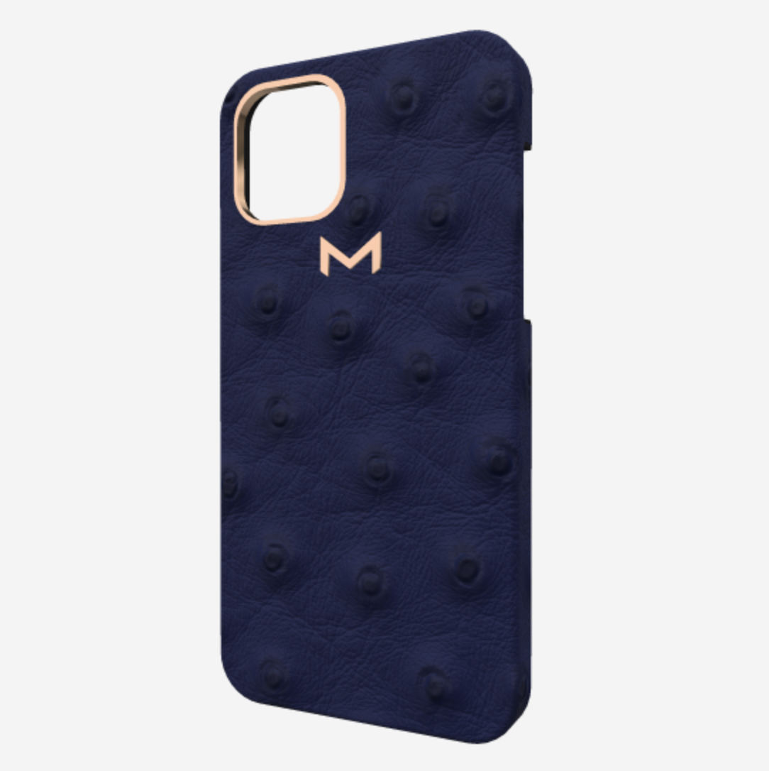 Classic Case for iPhone 13 Pro in Genuine Ostrich Navy Blue Rose Gold 