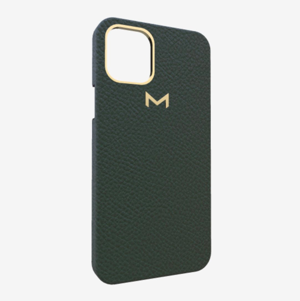 Classic Case for iPhone 13 Pro Max in Genuine Calfskin Jungle Green Yellow Gold 