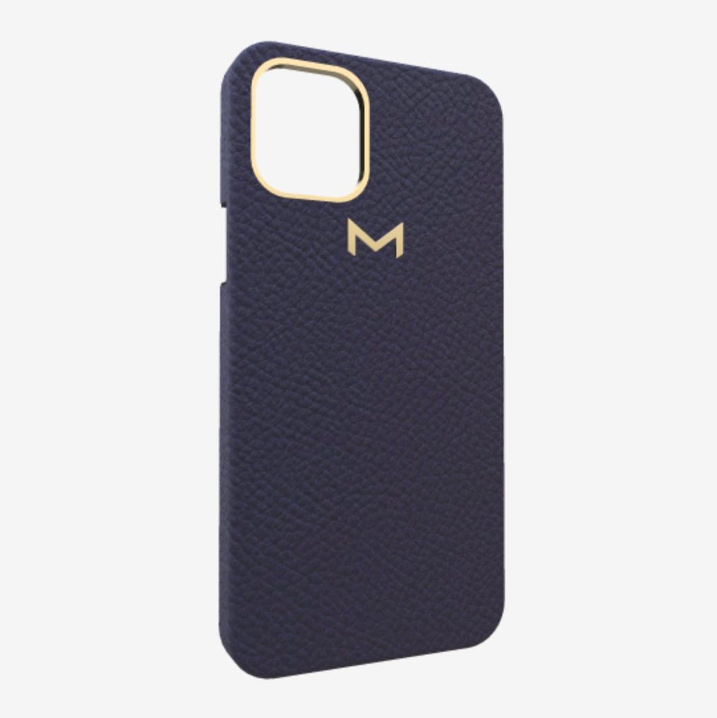 Classic Case for iPhone 13 Pro Max in Genuine Calfskin Navy Blue Yellow Gold 