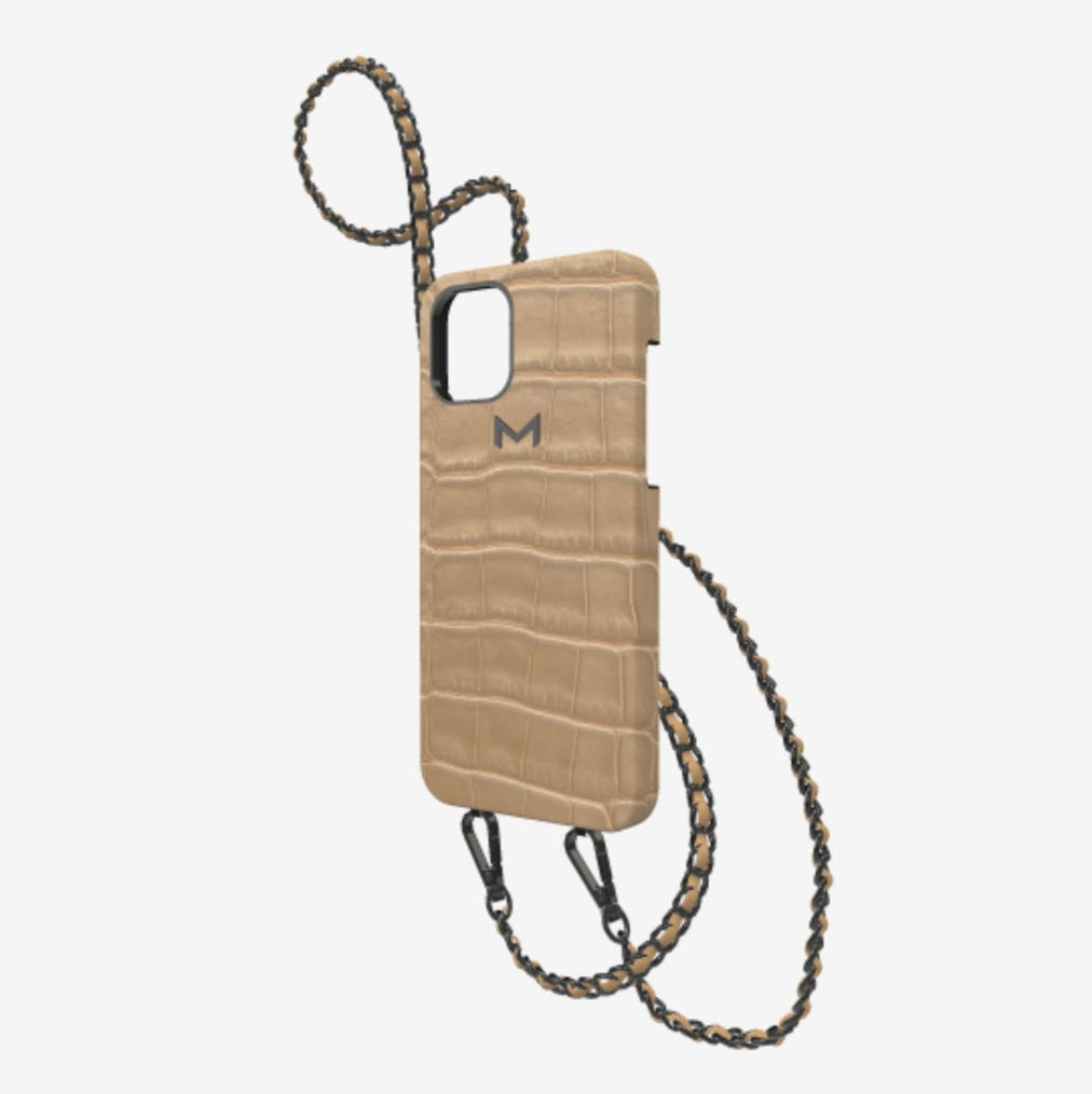 Classic Necklace Case for iPhone 12 Pro in Genuine Alligator Beige Desert Black Plating 