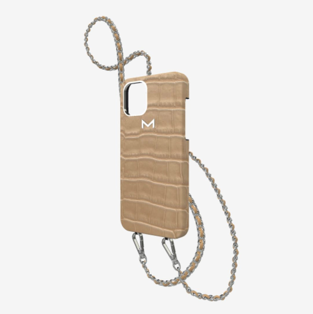 Classic Necklace Case for iPhone 12 Pro in Genuine Alligator Beige Desert Steel 316 