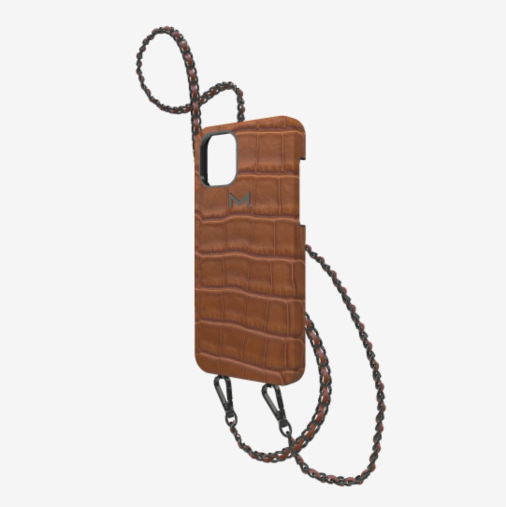 Classic Necklace Case for iPhone 12 Pro in Genuine Alligator Belmondo Brown Black Plating 