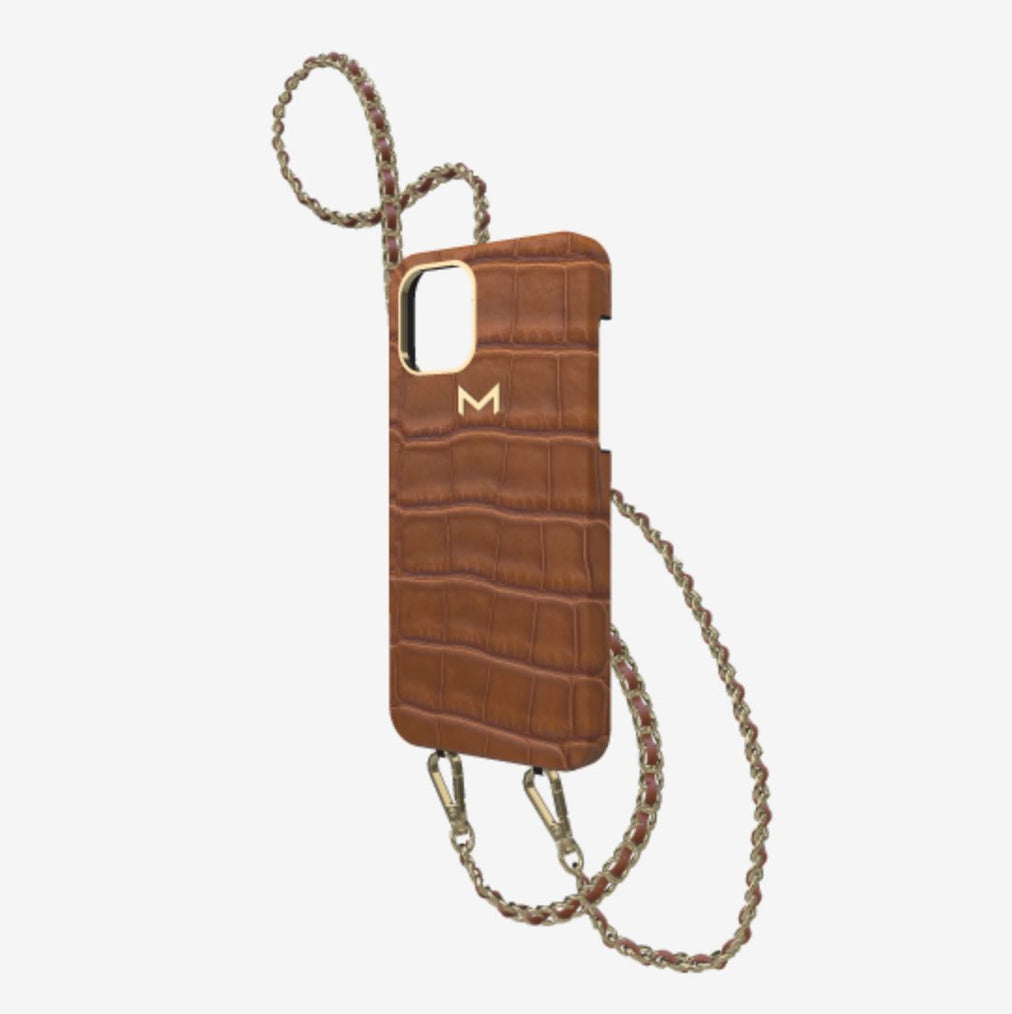 Classic Necklace Case for iPhone 12 Pro in Genuine Alligator Belmondo Brown Yellow Gold 