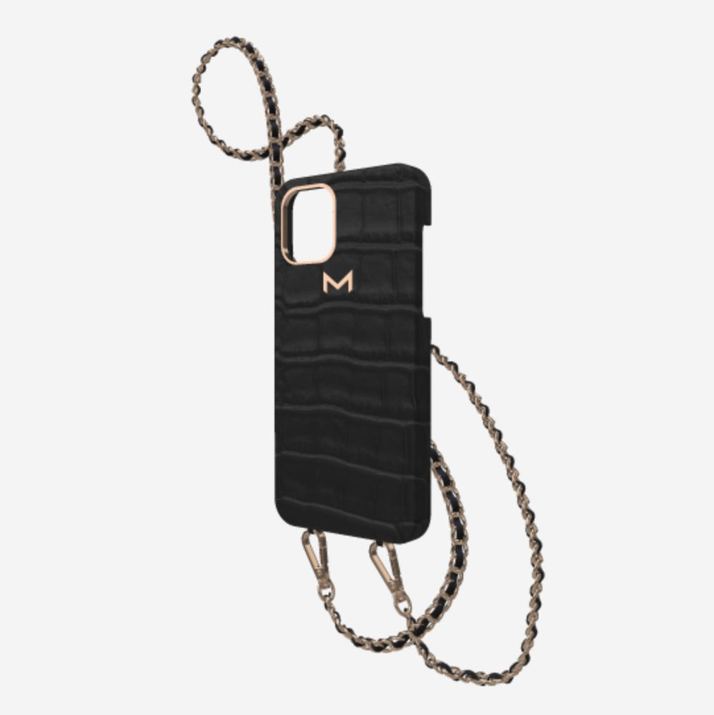 Classic Necklace Case for iPhone 12 Pro in Genuine Alligator Bond Black Rose Gold 