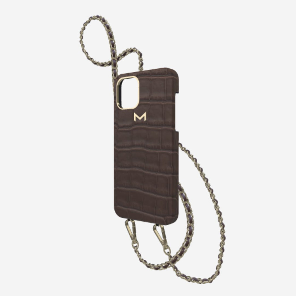 Classic Necklace Case for iPhone 12 Pro in Genuine Alligator Borsalino Brown Yellow Gold 