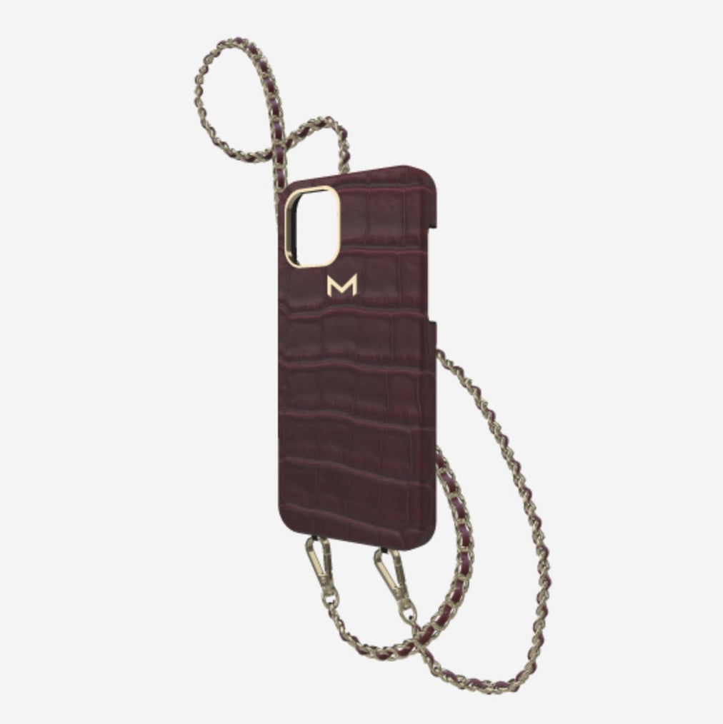 Classic Necklace Case for iPhone 12 Pro in Genuine Alligator Burgundy Palace Yellow Gold 