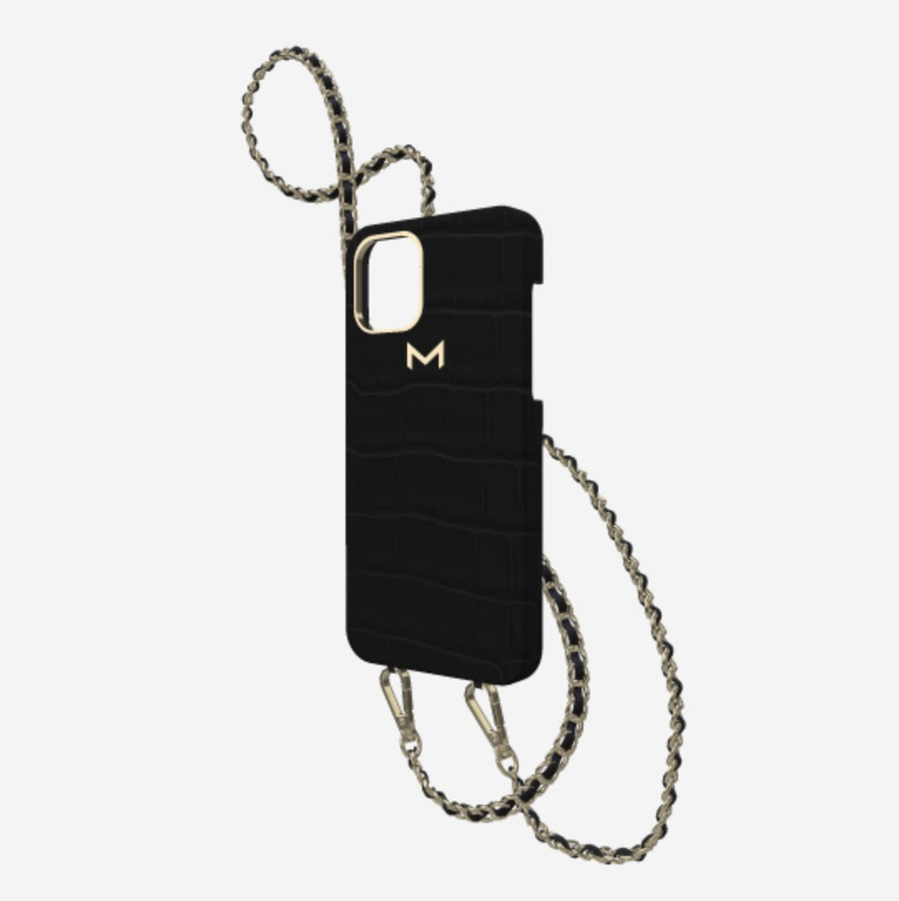 Classic Necklace Case for iPhone 12 Pro in Genuine Alligator Carbon Black Yellow Gold 