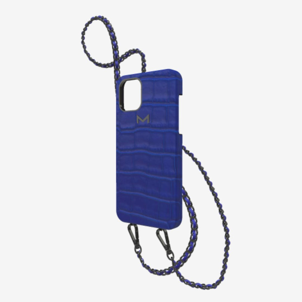Classic Necklace Case for iPhone 12 Pro in Genuine Alligator Electric Blue Black Plating 