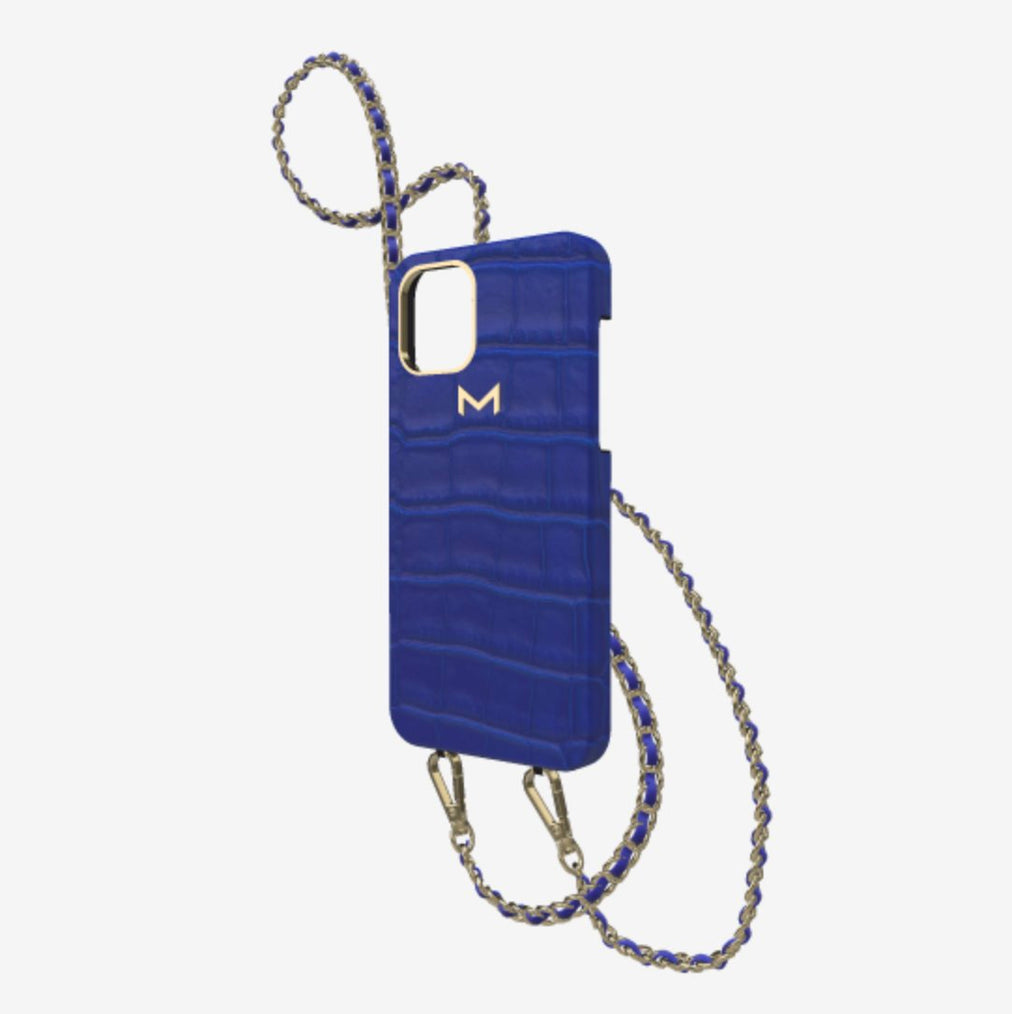 Classic Necklace Case for iPhone 12 Pro in Genuine Alligator Electric Blue Yellow Gold 