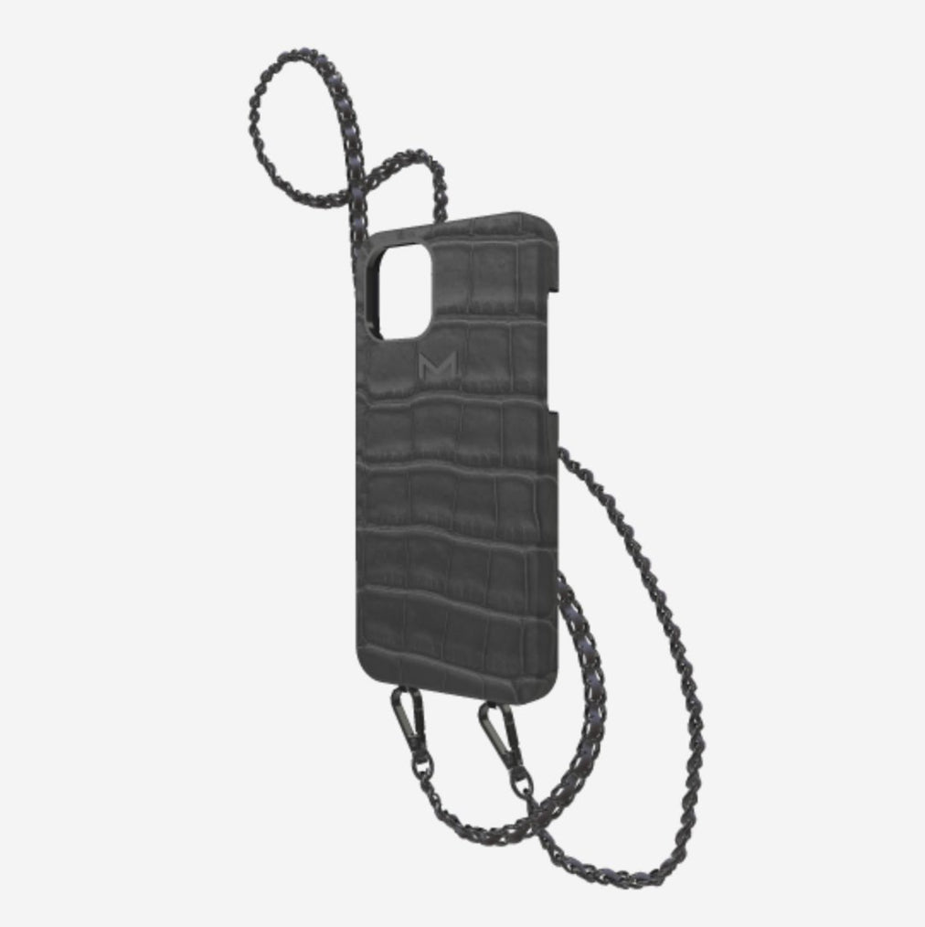 Classic Necklace Case for iPhone 12 Pro in Genuine Alligator Elite Grey Black Plating 