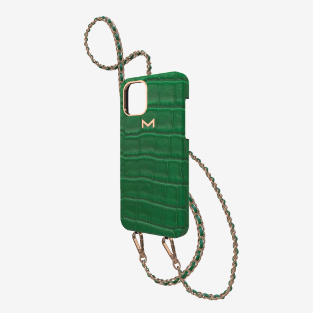 Classic Necklace Case for iPhone 12 Pro in Genuine Alligator Emerald Green Rose Gold 