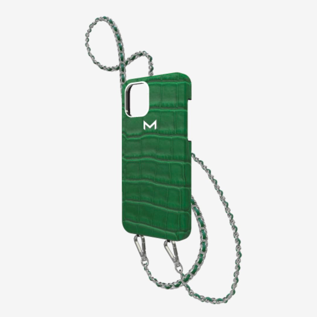Classic Necklace Case for iPhone 12 Pro in Genuine Alligator Emerald Green Steel 316 