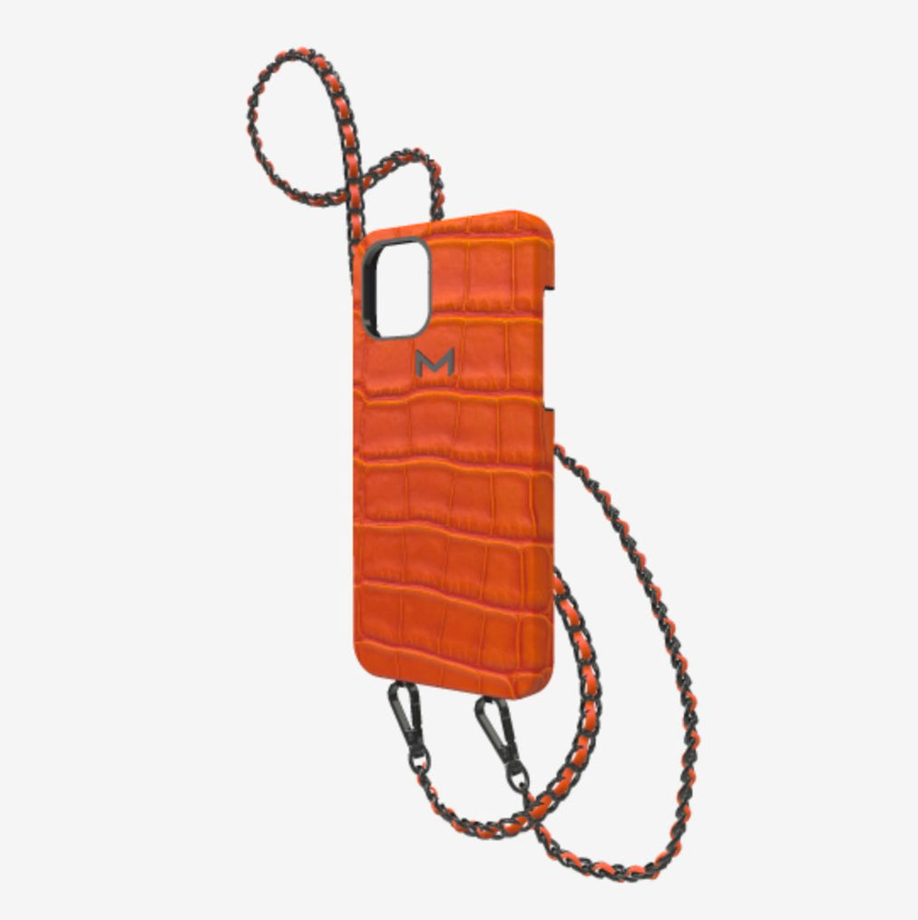 Classic Necklace Case for iPhone 12 Pro in Genuine Alligator Orange Cocktail Black Plating 