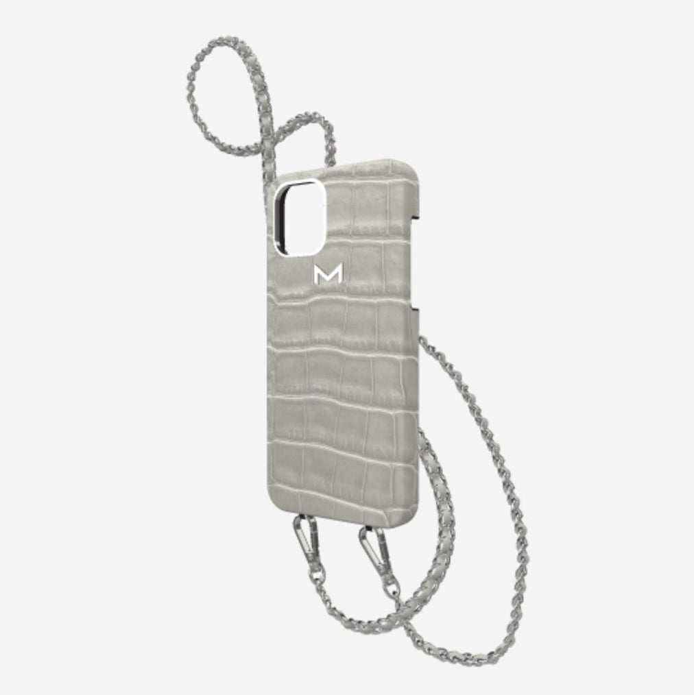 Classic Necklace Case for iPhone 12 Pro in Genuine Alligator Pearl Grey Steel 316 