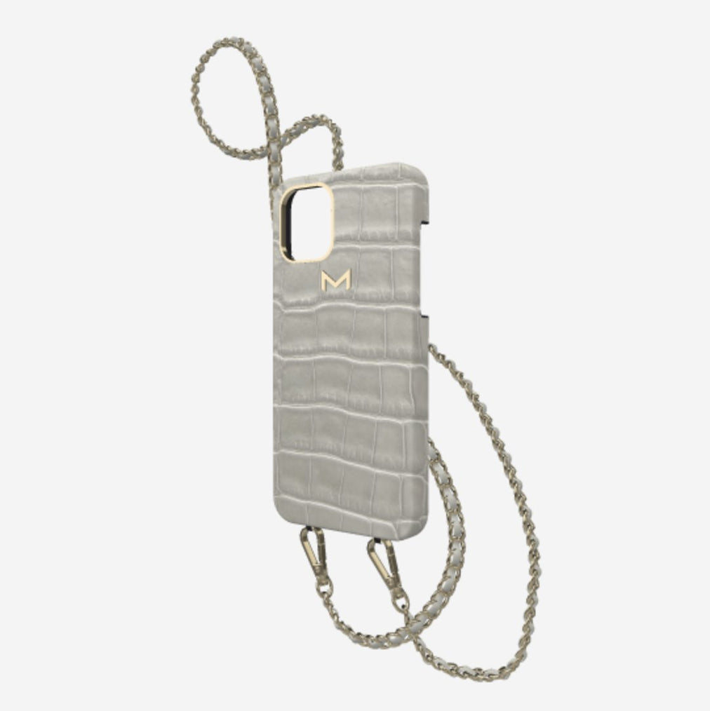 Classic Necklace Case for iPhone 12 Pro in Genuine Alligator Pearl Grey Yellow Gold 