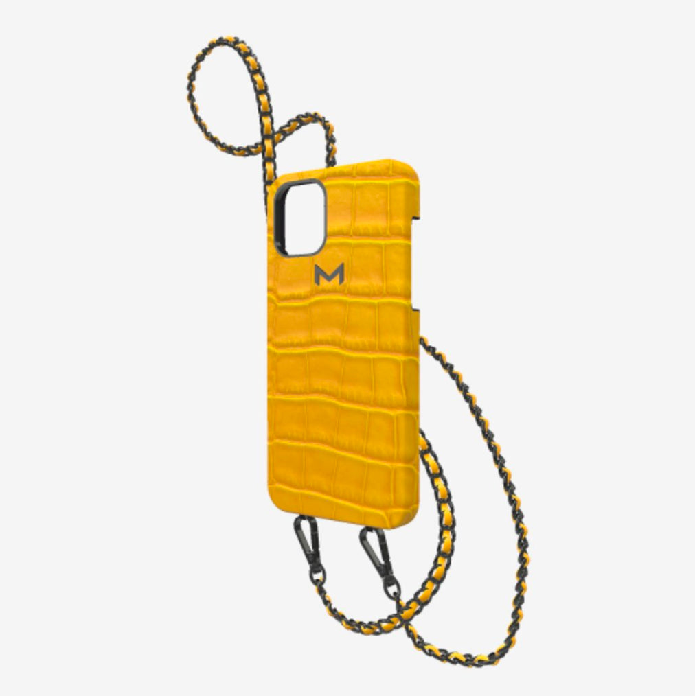 Classic Necklace Case for iPhone 12 Pro in Genuine Alligator Sunny Yellow Black Plating 