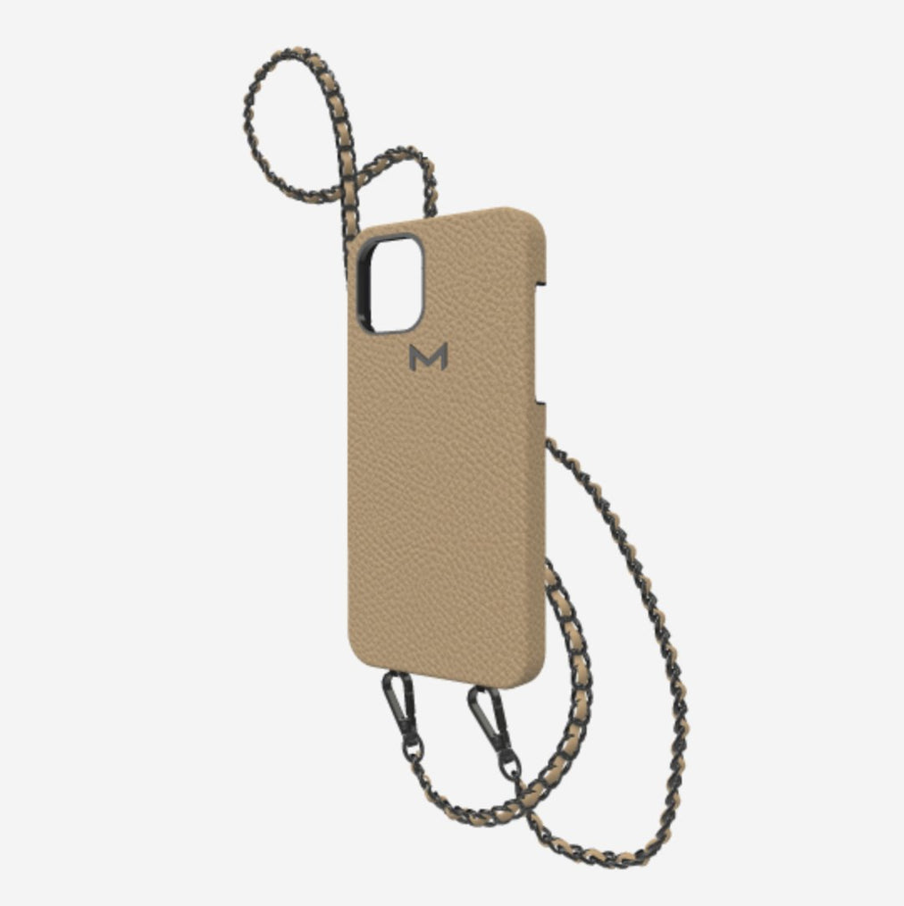 Classic Necklace Case for iPhone 12 Pro in Genuine Calfskin Beige Desert Black Plating 