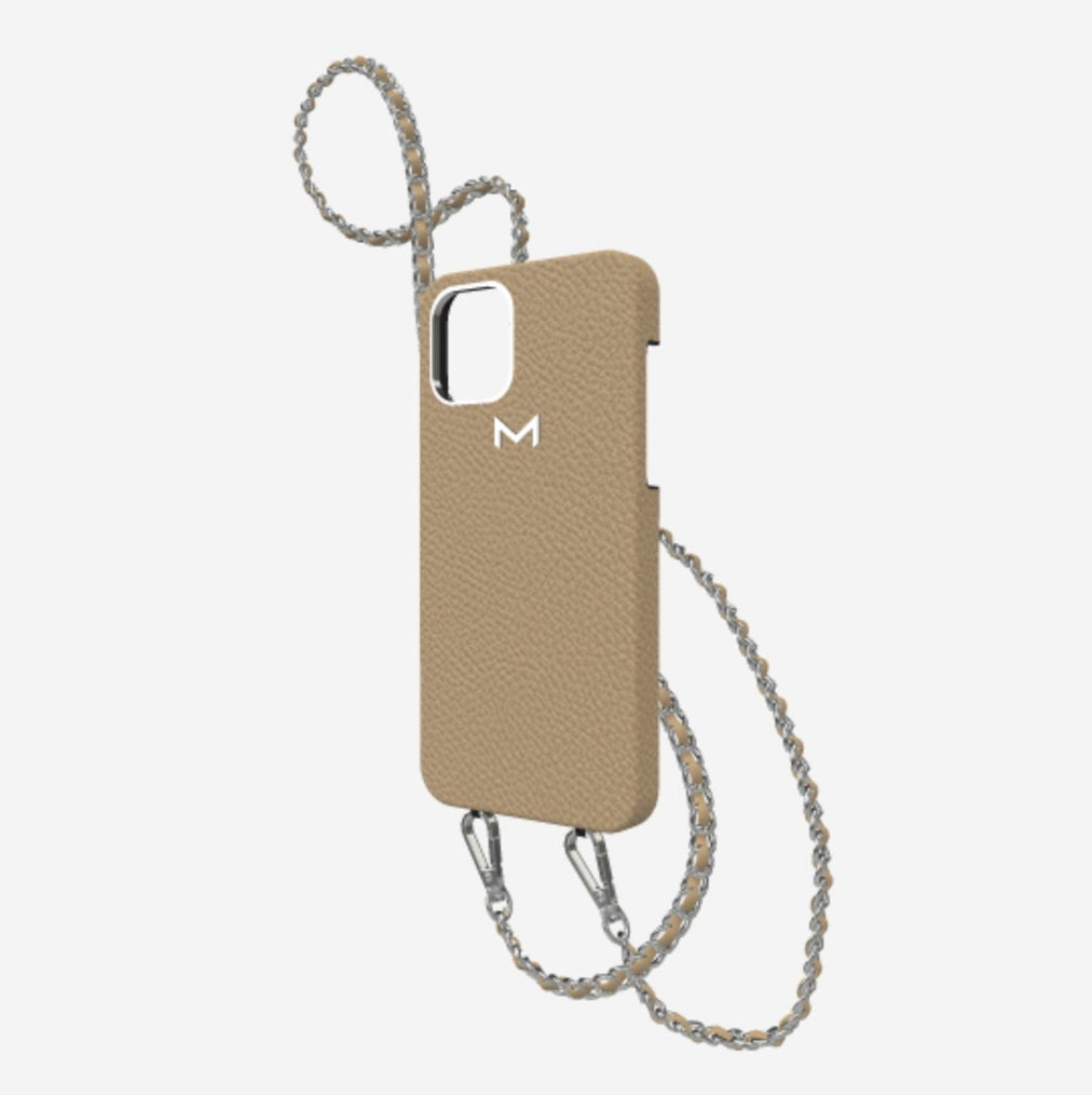 Classic Necklace Case for iPhone 12 Pro in Genuine Calfskin Beige Desert Steel 316 