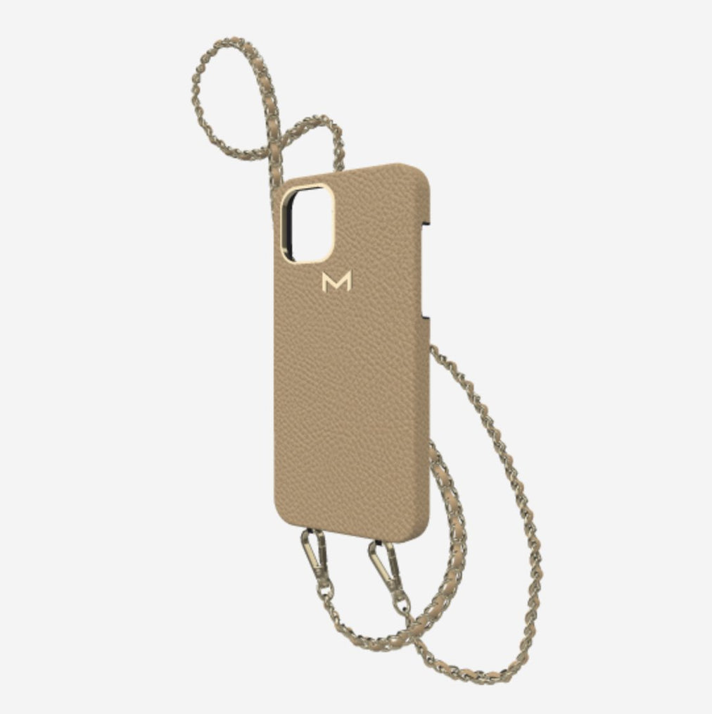 Classic Necklace Case for iPhone 12 Pro in Genuine Calfskin Beige Desert Yellow Gold 