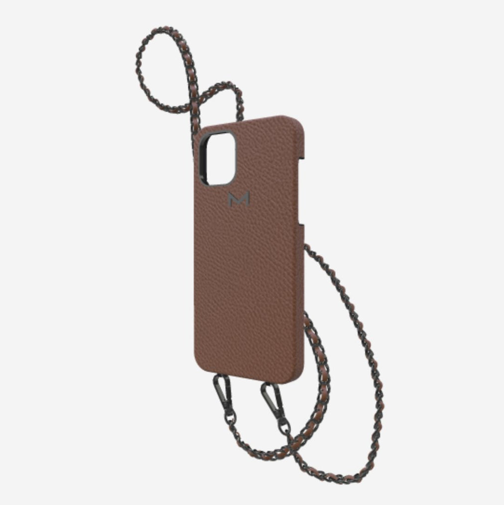 Classic Necklace Case for iPhone 12 Pro in Genuine Calfskin Belmondo Brown Black Plating 