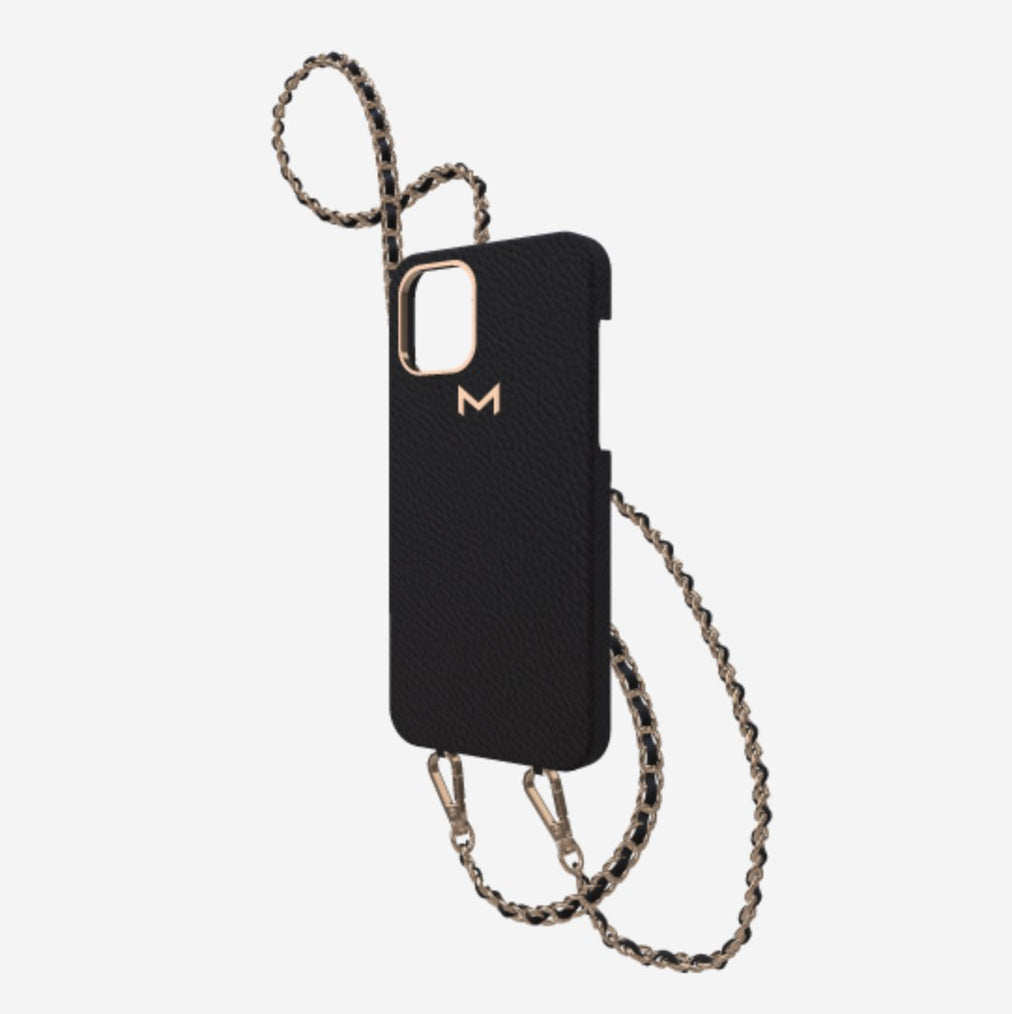 Classic Necklace Case for iPhone 12 Pro in Genuine Calfskin Bond Black Rose Gold 