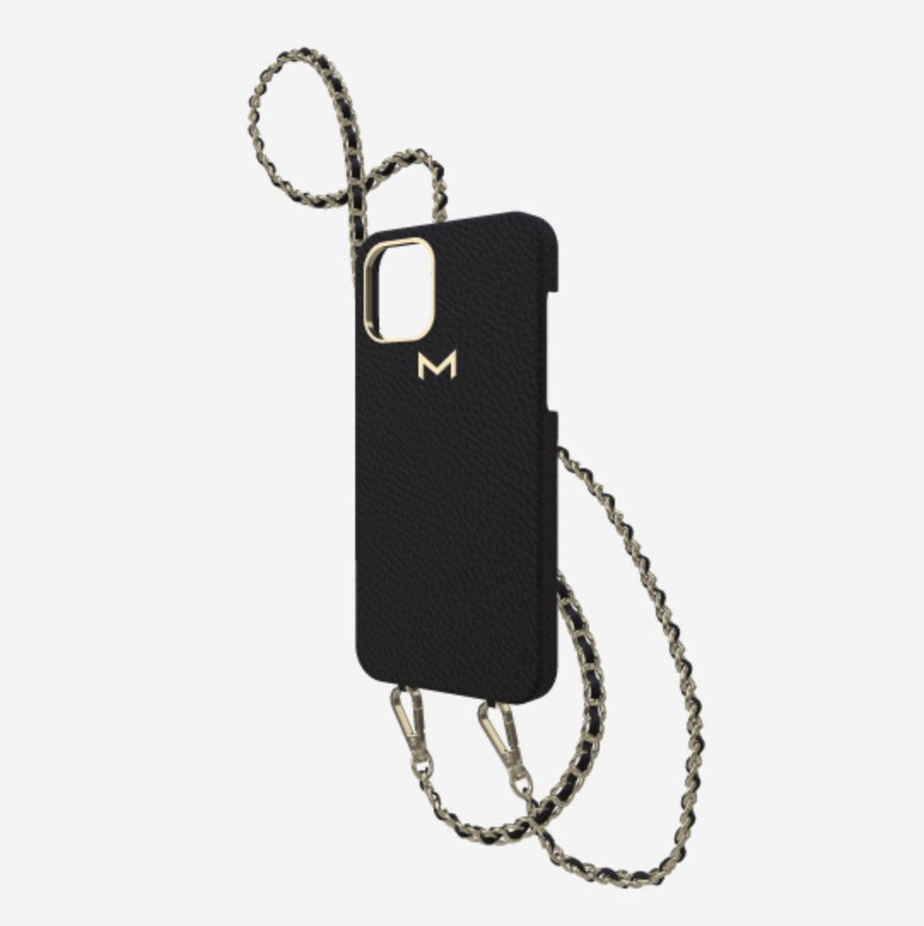 Classic Necklace Case for iPhone 12 Pro in Genuine Calfskin Bond Black Yellow Gold 