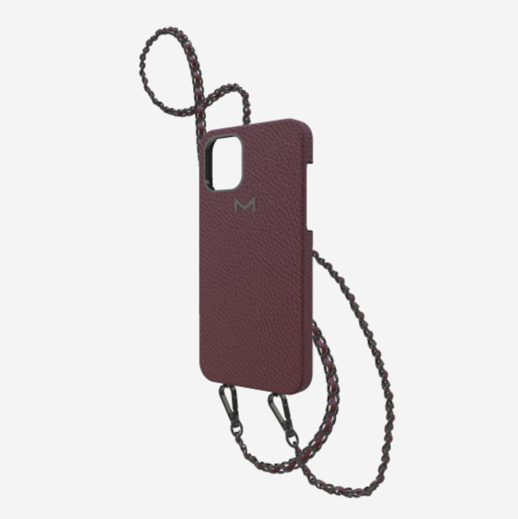 Classic Necklace Case for iPhone 12 Pro in Genuine Calfskin Burgundy Palace Black Plating 