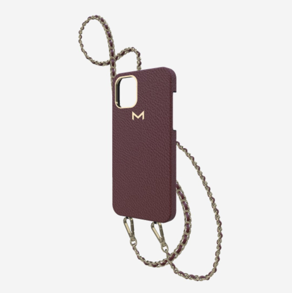 Classic Necklace Case for iPhone 12 Pro in Genuine Calfskin Burgundy Palace Yellow Gold 